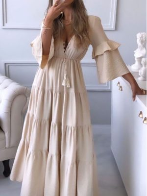 Spring Summer V-Neck Lace-Up Solid Dress