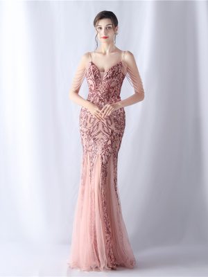 High-End Floral Sequin Beaded Evening Dress