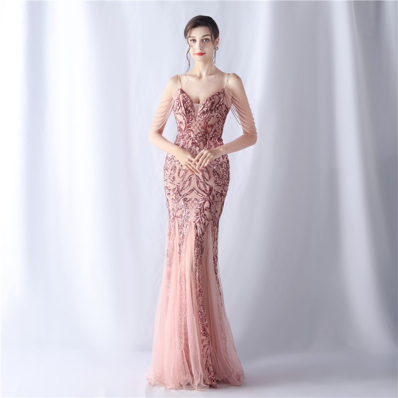 High-End Floral Sequin Beaded Evening Dress