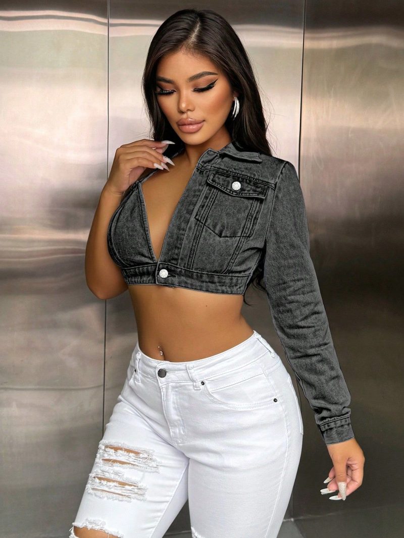 Matching Strap Long Sleeve Sexy Denim Top - Image 3