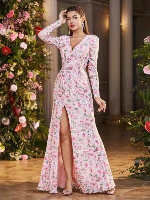 Spring Summer Mesh Floral Maxi Dress with Slit