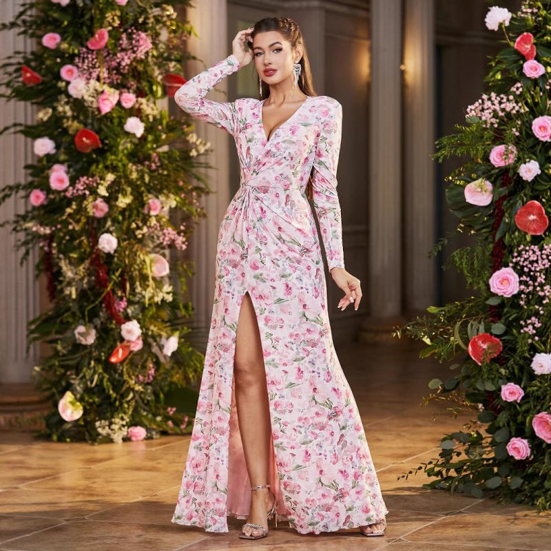 Spring Summer Mesh Floral Maxi Dress with Slit