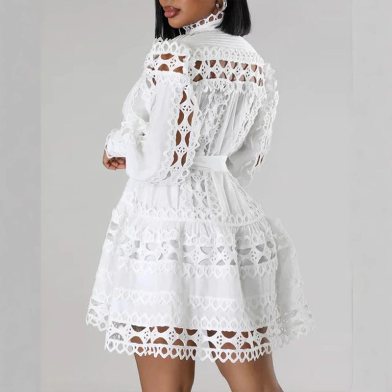 Women’s Lace Stitching Hollow Cutout Shirt Dress - Image 3