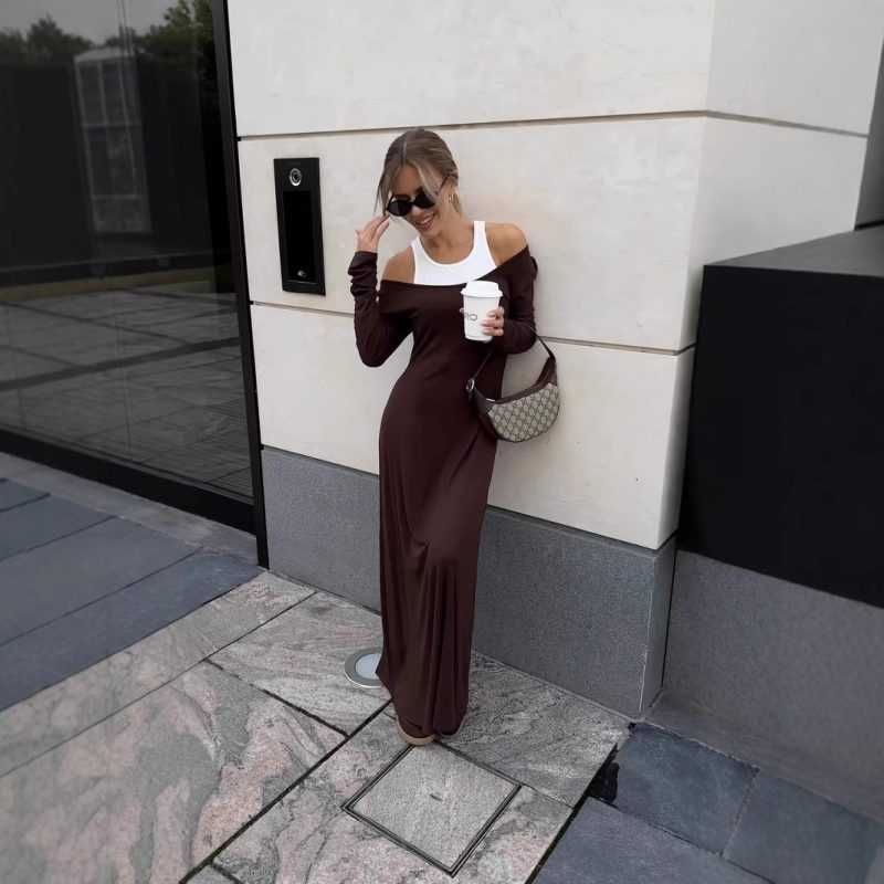 Long Sleeve Faux Two-Piece Stitching Sexy Dress - Image 2