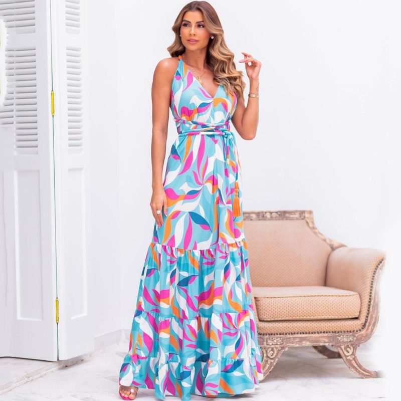 Slimming Printed Mid-Length Backless Office Dress