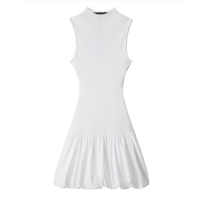 French Sleeveless Puffy Balloon Rib Casual Dress - Image 3