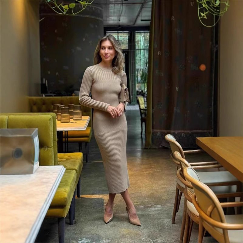 Long Sleeve Knitted Fall Winter Sweater Dress - Image 3