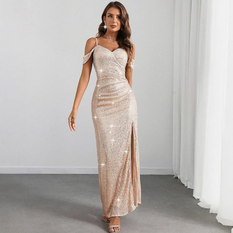 Elegant Backless Sequin Maxi Prom Evening Dress