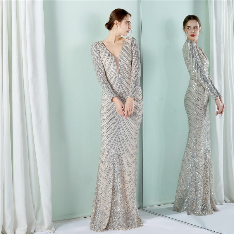 Elegant Floral Sequin Long Sleeve Fishtail Evening Dress - Image 2
