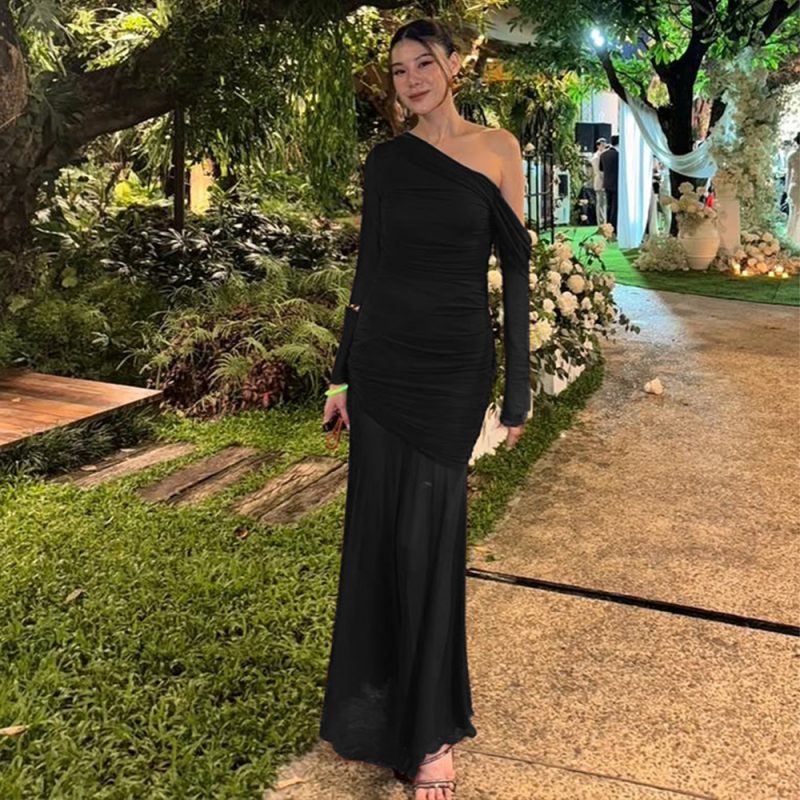 Mesh Pleated Long Sleeve Slim Maxi Dress - Image 3
