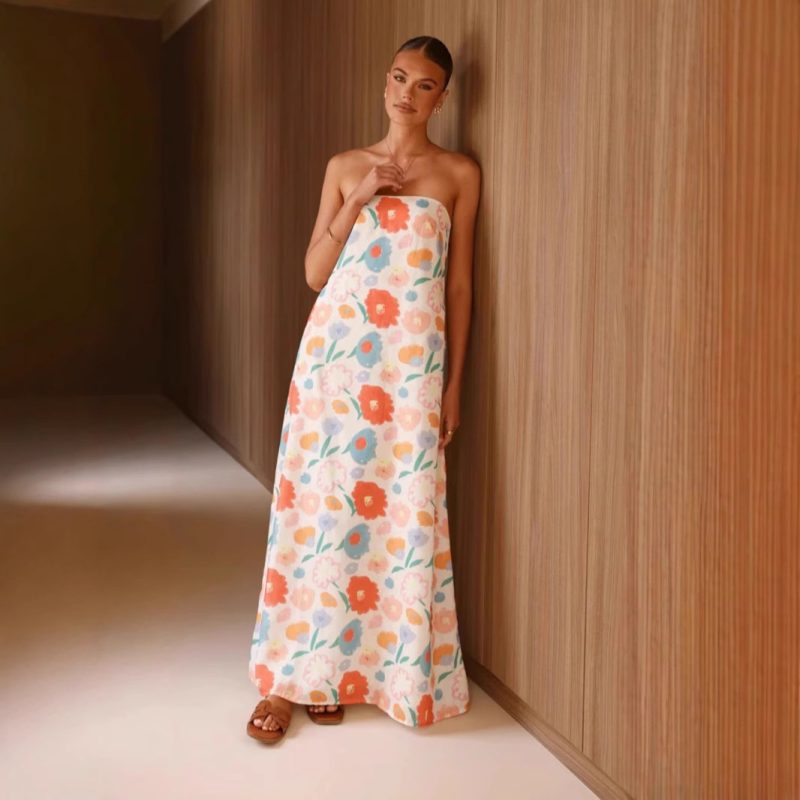 Summer Digital Print Tube Top Swing Dress