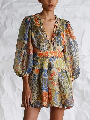 V-Neck Lace-Up Printed Short Dress for Spring