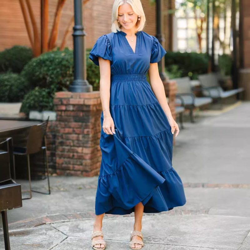 Stand Collar Puff Sleeve Formal Beach Dress - Image 2