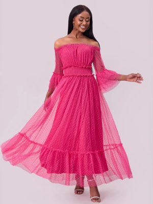 Off Shoulder Mesh Sleeve Wedding Swing Dress