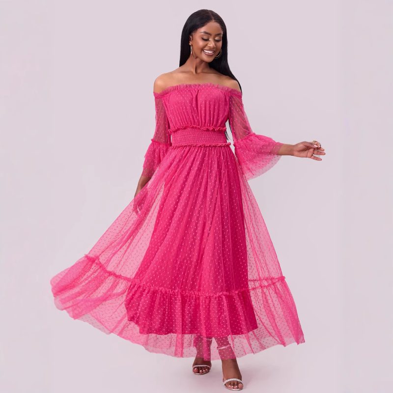 Off Shoulder Mesh Sleeve Wedding Swing Dress