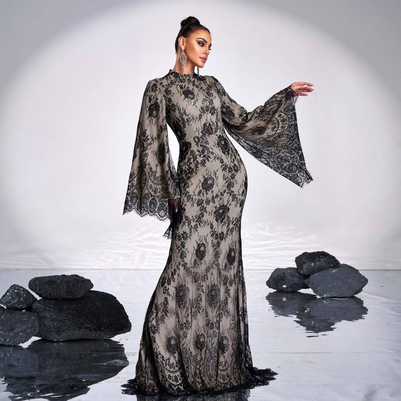 High-End Lace Long Sleeve Cocktail Evening Dress - Image 4