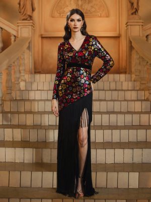 Long Sleeve V-Neck Slim Tassel Sequined Dress