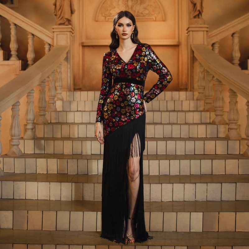 Long Sleeve V-Neck Slim Tassel Sequined Dress