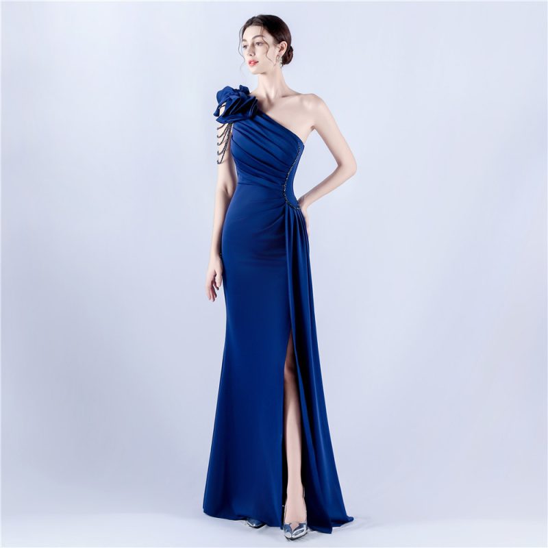Handmade Beaded Floral Satin Off-Shoulder Evening Dress - Image 4