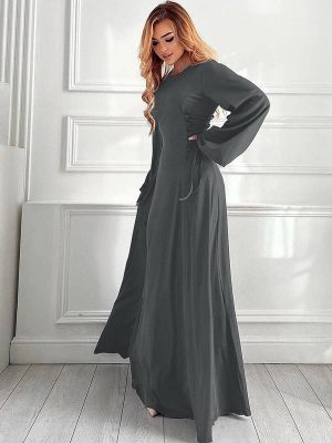 Elegant Slim Lace-Up Waist Long Sleeve Dress