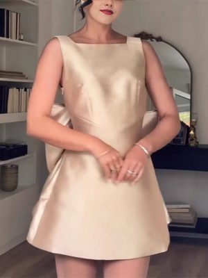 Spring Satin Backless High Waist Bow Dress