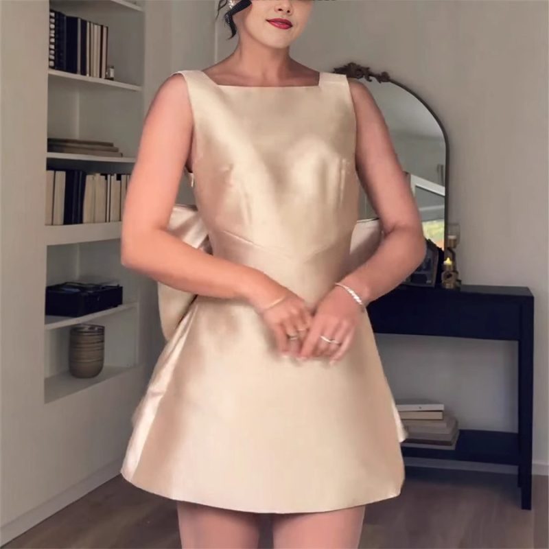 Spring Satin Backless High Waist Bow Dress