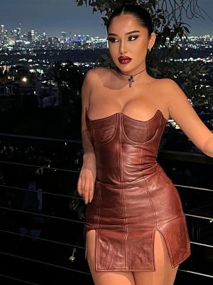 Sexy Faux Leather Off-Neck Backless Sleeveless Dress