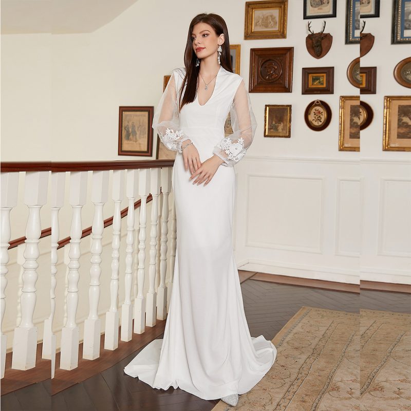 Elegant Solid Color V-Neck Long Sleeve Cocktail Dress
