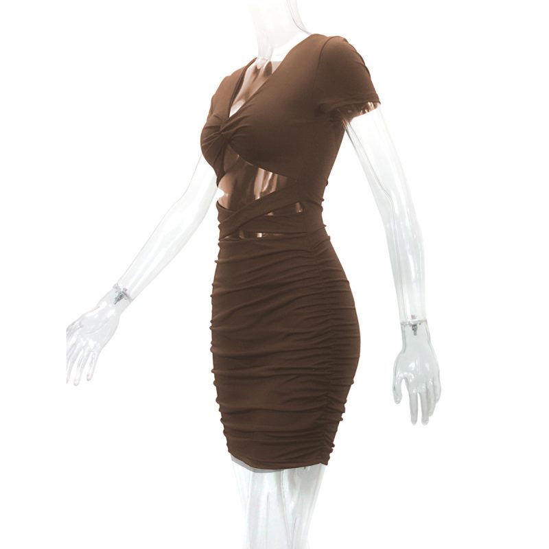 Sexy V-Neck Hollow Out Pleated Hip Dress - Image 4