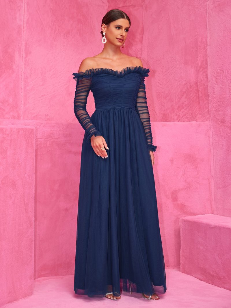 Chiffon Patchwork Off-Shoulder Lace Maxi Evening Dress - Image 2