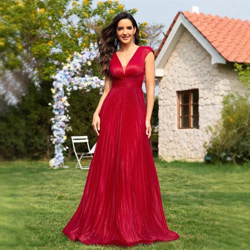 Red V-Neck Sleeveless Bridesmaid Party Dress