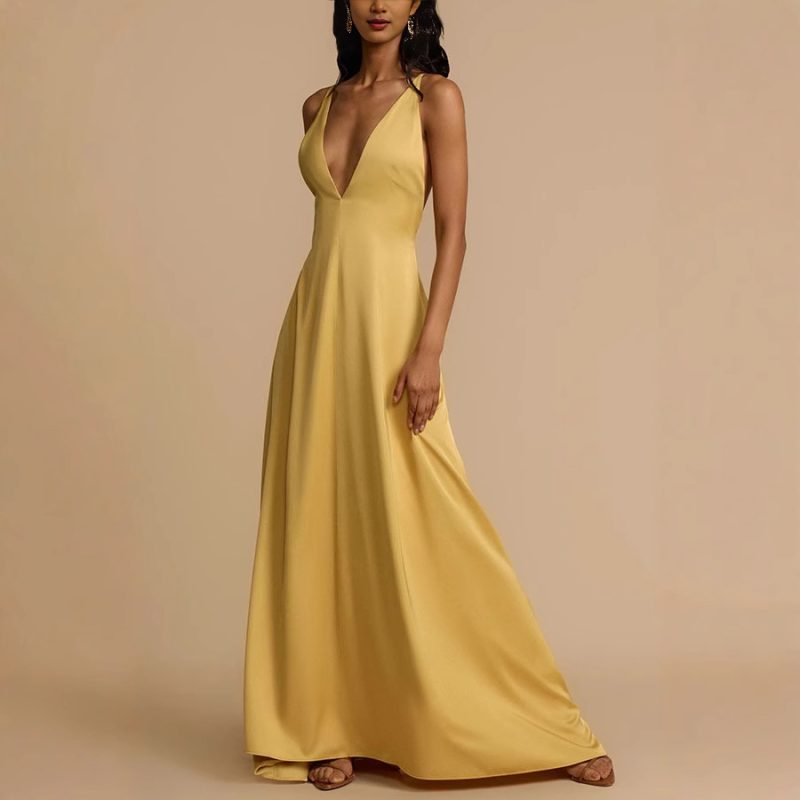 Sexy Backless V-Neck Satin Maxi Dress