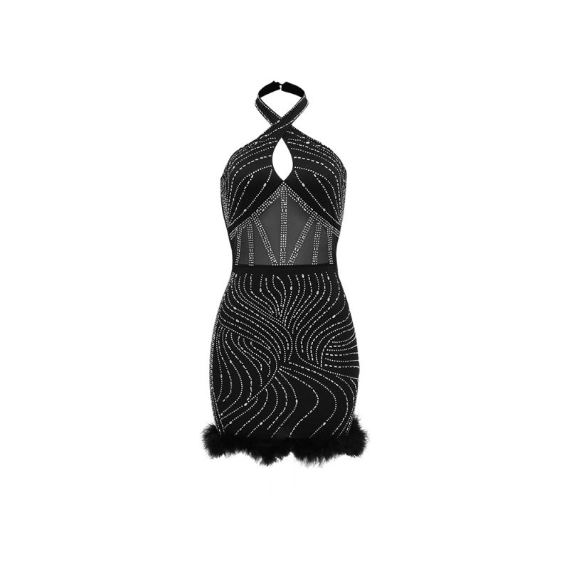 Halter Backless Rhinestone Feather Party Dress - Image 4