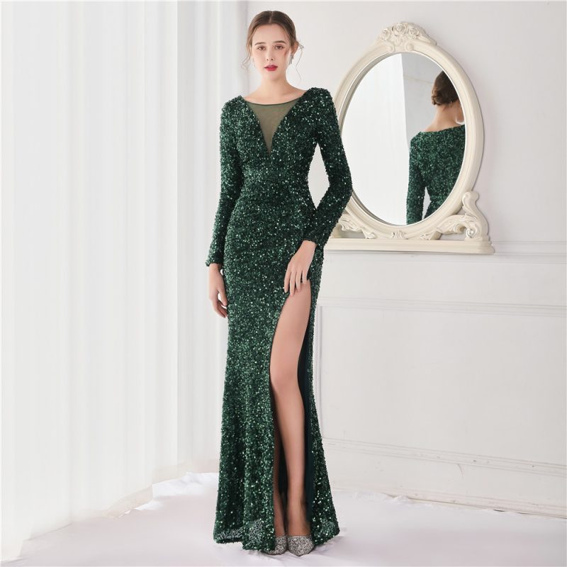 Elegant Long Sleeve Sequined Fishtail Evening Dress - Image 3
