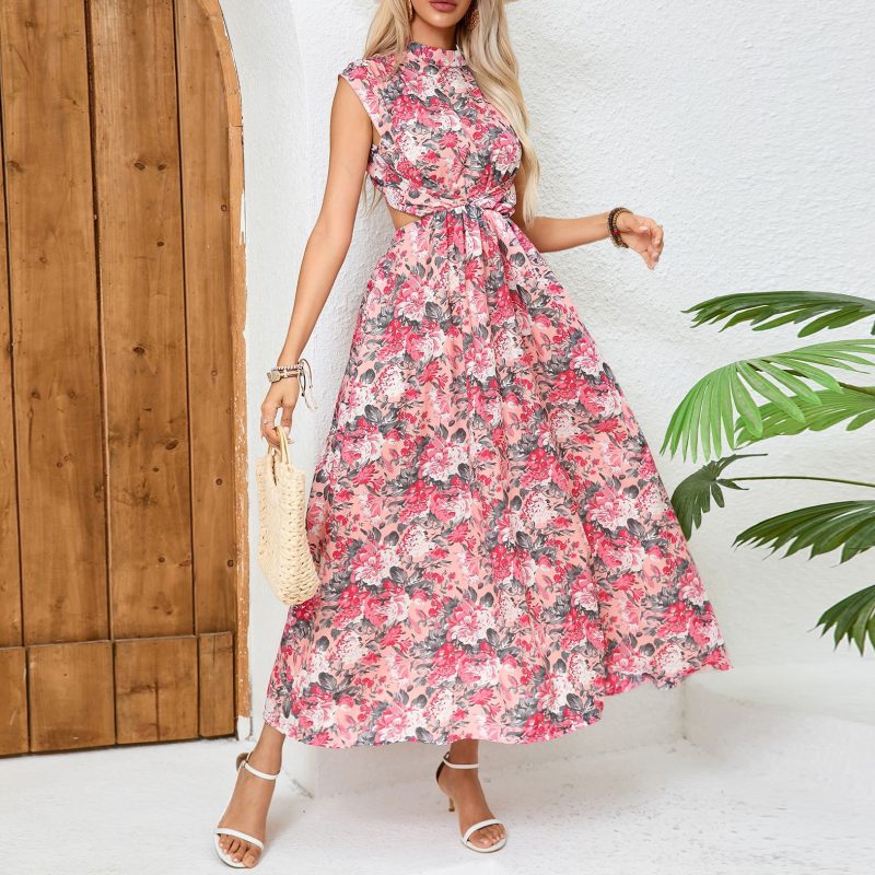 Sleeveless Half Turtleneck Backless Waist Trimming Dress - Image 4