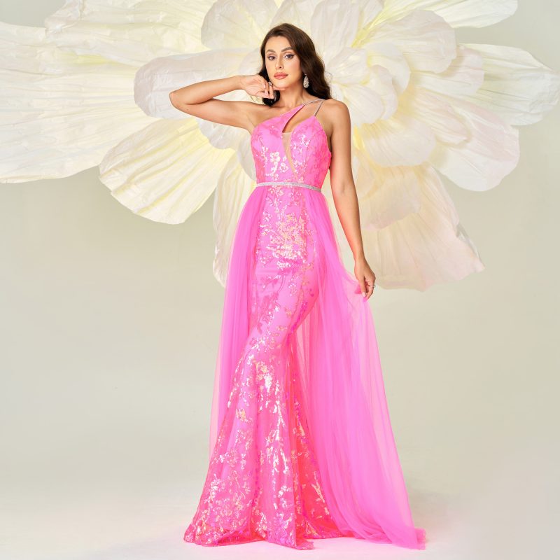 High-End One Shoulder Sequin Gauze Dress - Image 3