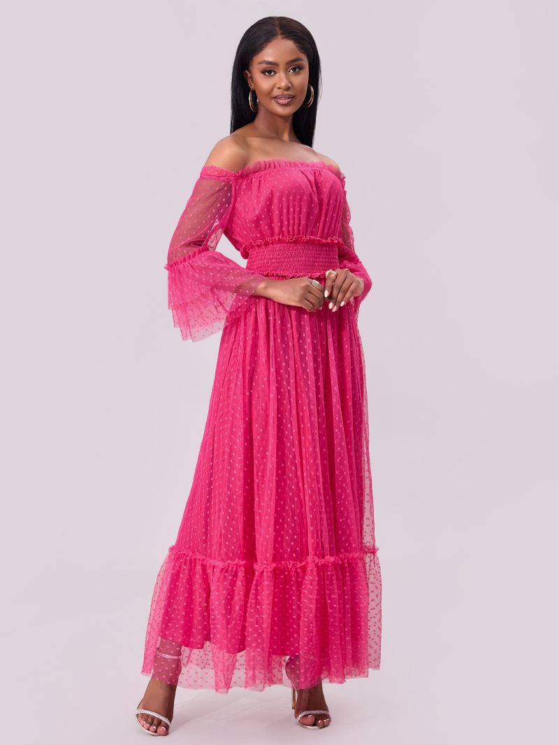 Off Shoulder Mesh Sleeve Wedding Swing Dress - Image 3