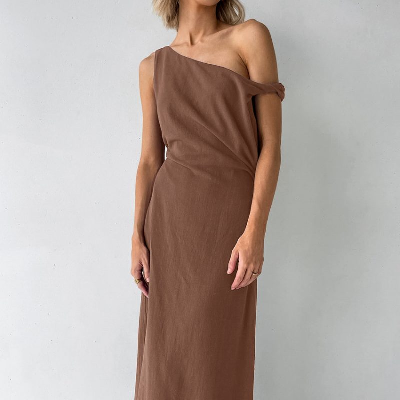 Retro Cotton Linen Asymmetric Collar Slim Fit Dress - Image 3