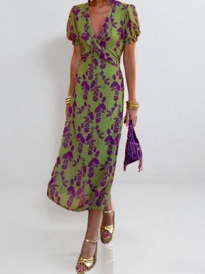 Graceful V-Neck Printed Slim Fit Dress