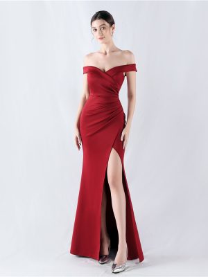 Classic Off-Shoulder Satin Fishtail Evening Dress