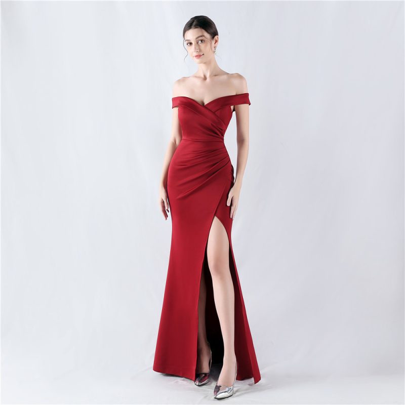 Classic Off-Shoulder Satin Fishtail Evening Dress