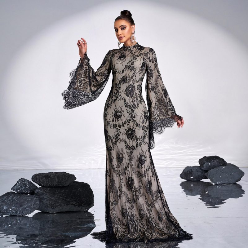 High-End Lace Long Sleeve Cocktail Evening Dress - Image 3