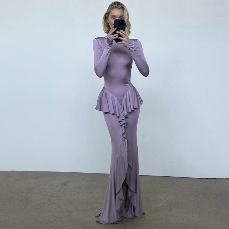 Elegant Backless Ruffle Dress with Slit – Women