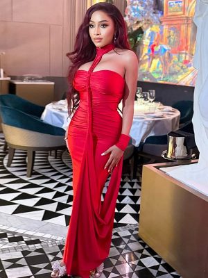 Elegant Backless Lace-Up Pleated Tube Top Dress