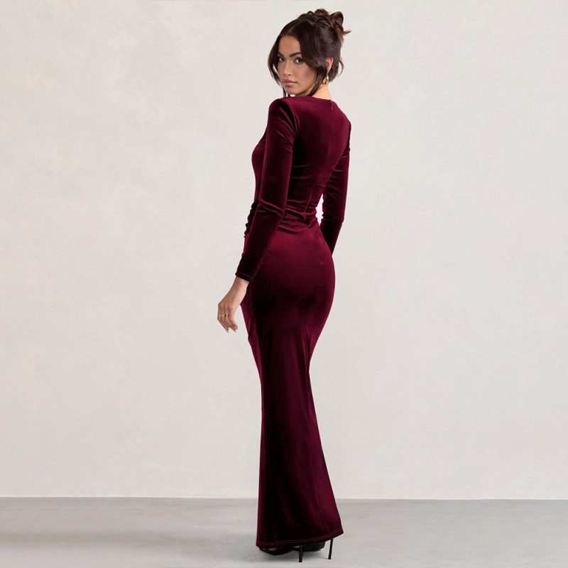 Sexy Slit Square Collar Velvet Pleated Dress - Image 2
