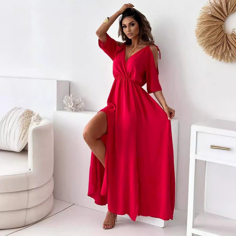 Sexy Solid Color Sling Mid-Length Dress - Image 3