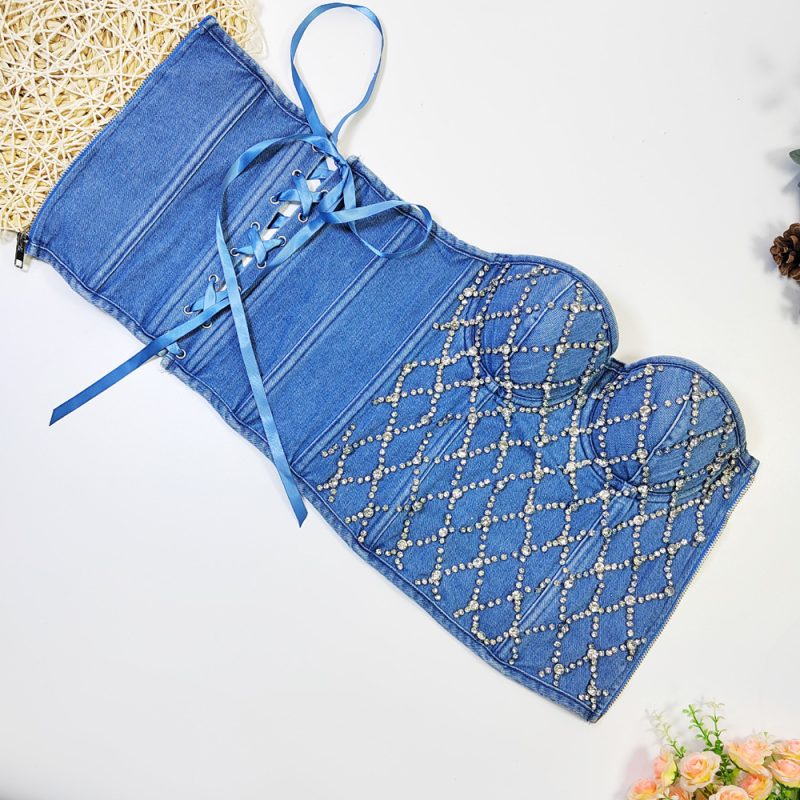 Body Shaping Denim Tube Top Lace-Up Corset - Image 3
