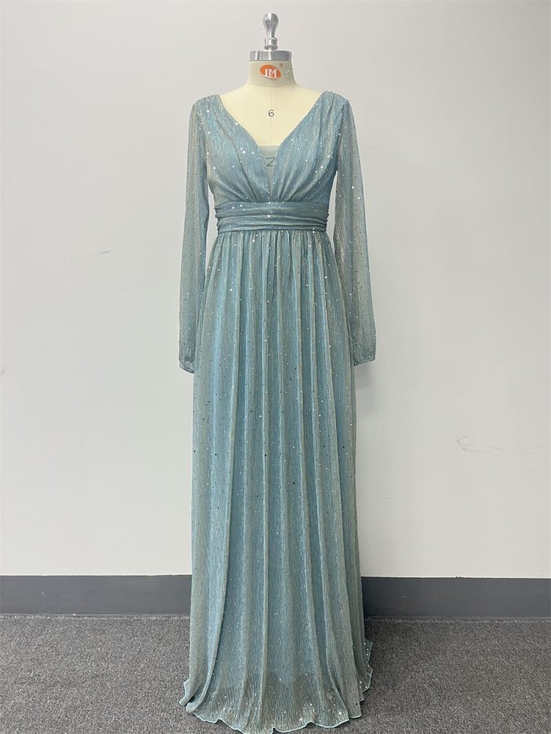 Shiny Pleated Sheer Long Sleeve V-Neck Dress - Image 4