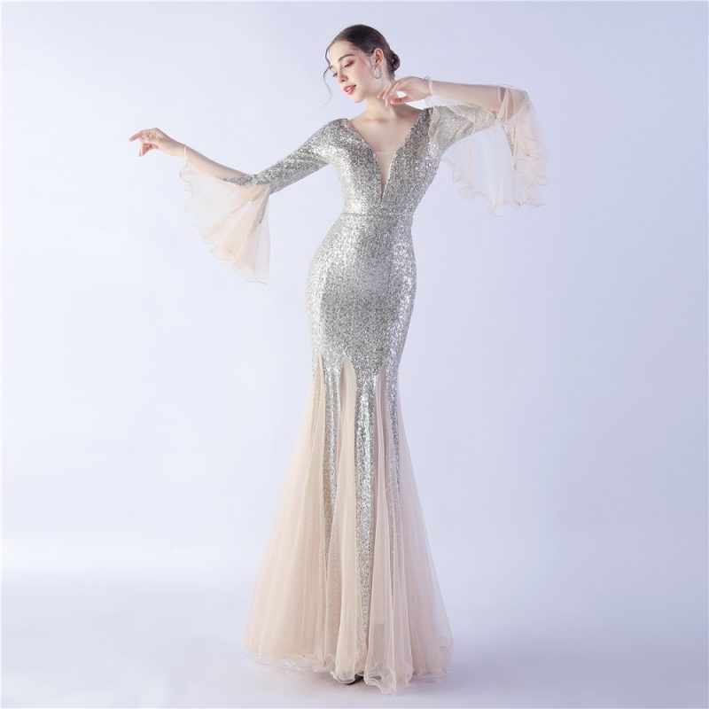 Sequined Mesh Wave-Edge Evening Gown - Image 2