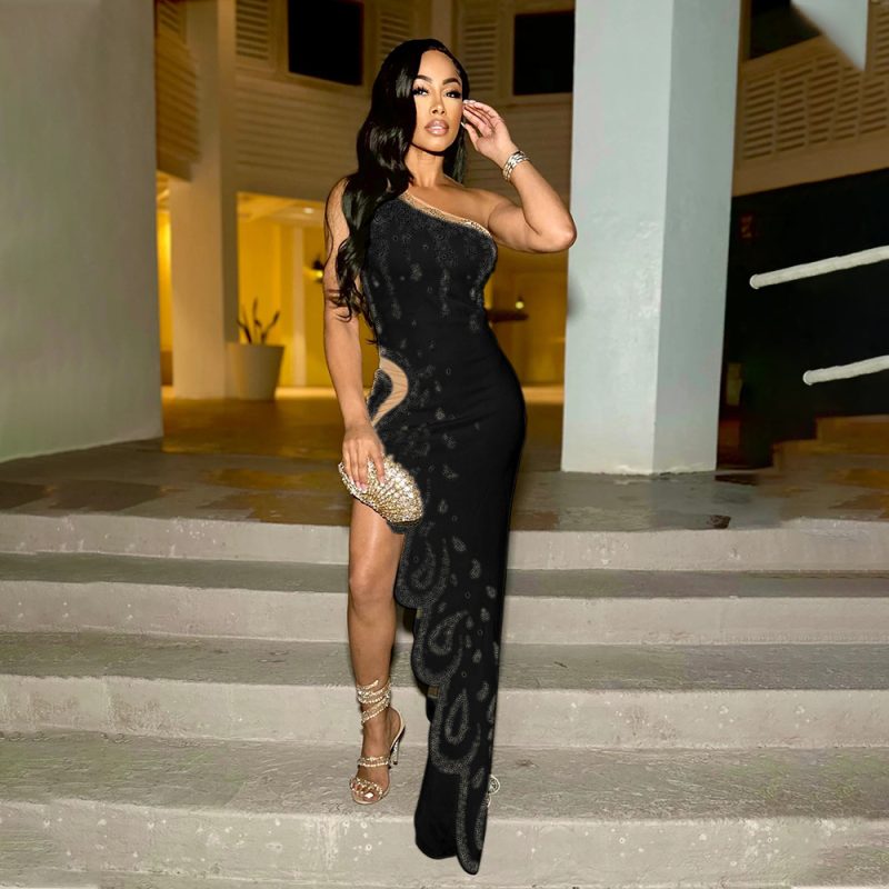 Asymmetric Rhinestone Hip Wrap Solid Dress - Image 2